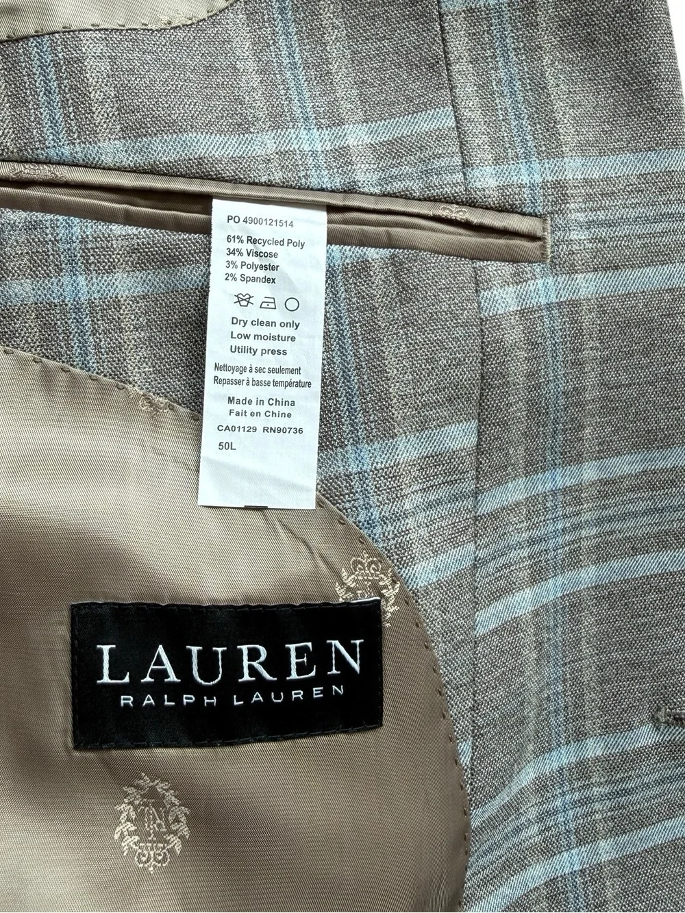 Lauren Ralph Lauren Gray Blue Windowpane Sport Coat Blazer 50L Modern Classic